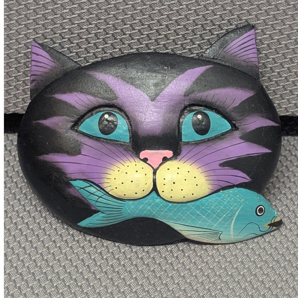 Vintage Hand Painted Wooden Cat Hair Barrette Black Purple Kitty w/ Fish Clip
